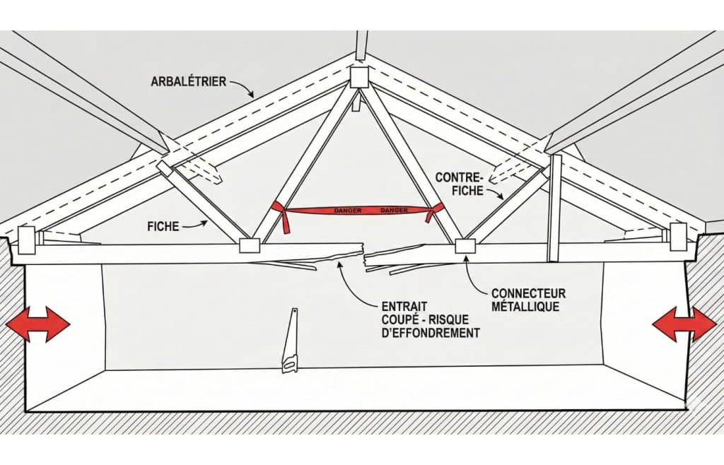 Schéma technique illustrant le risque d'effondrement et d'écartement des murs suite à la coupe de l'entrait d'une charpente fermette sans renfort préalable.