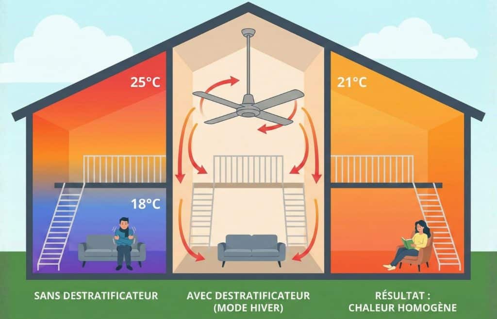 Schéma comparatif de la déstratification thermique : avant (air chaud au plafond) et après (chaleur homogène au sol) grâce à un destratificateur d'air pour maison.