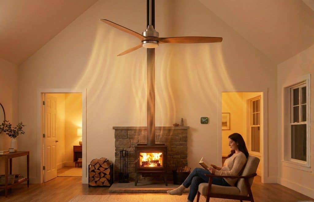 Destratificateur d'air en bois diffusant la chaleur d'un poêle à bois vers le salon et les pièces adjacentes pour réduire la consommation de bois.