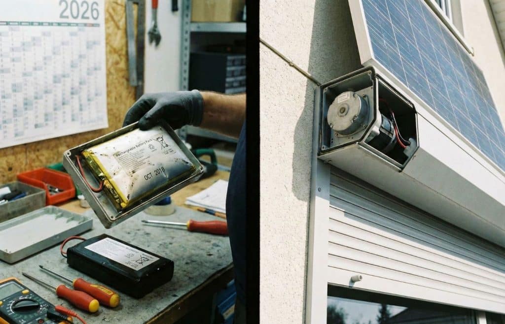 Mains d'un réparateur remplaçant une batterie de volet roulant solaire à côté d'un coffre ouvert avec panneau photovoltaïque