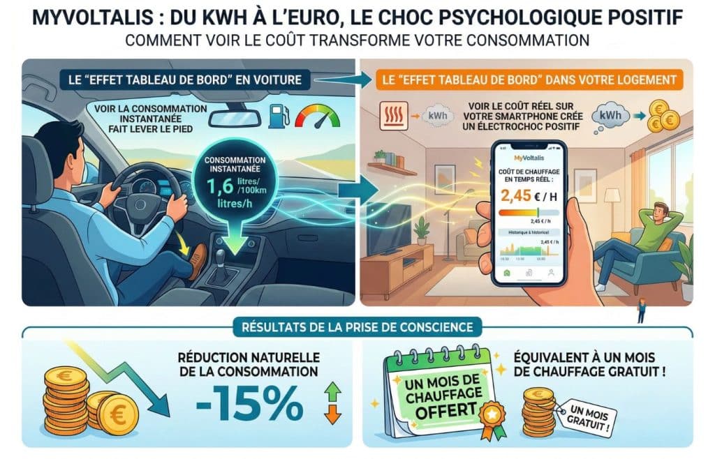 Illustration de l'effet tableau de bord avec l'application MyVoltalis : le passage du suivi en kWh au coût en euros permet une prise de conscience pour réduire sa consommation et économiser 15% sur sa facture d'électricité.