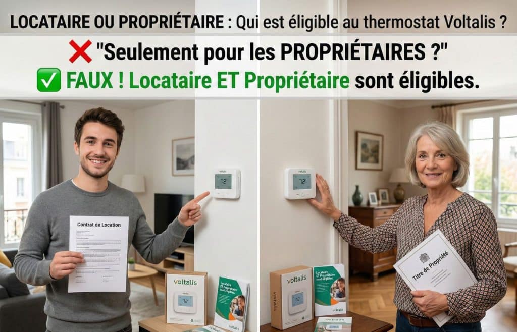Comparaison visuelle montrant un jeune locataire avec son contrat de location et une propriétaire senior avec son titre de propriété, tous deux devant leur thermostat Voltalis pour confirmer leur éligibilité.