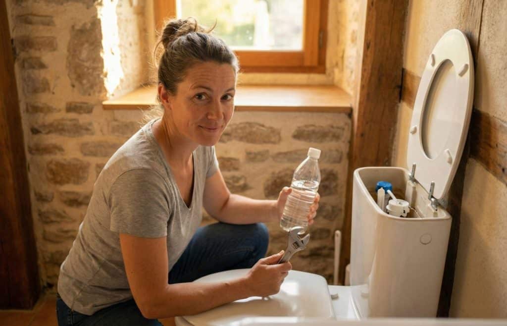 Elise Durant dans une salle de bain en rénovation, tenant une clé à molette et du vinaigre blanc pour réparer une chasse d'eau qui fuit.