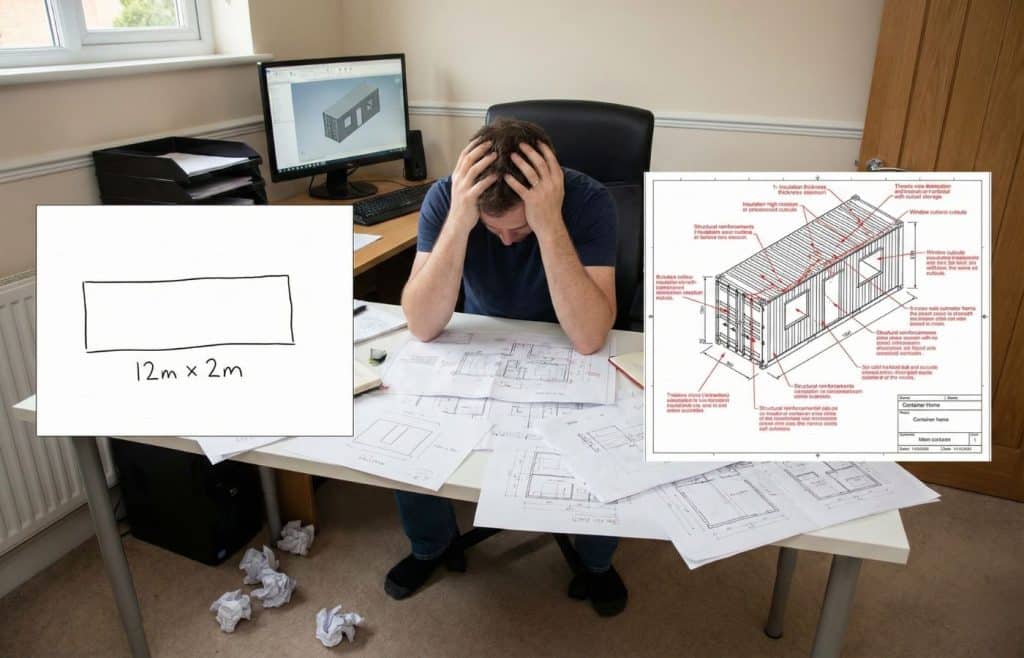 Autoconstructeur stressé devant ses plans, illustrant le contraste entre un simple croquis rectangulaire et la complexité technique réelle exigée pour un permis de construire de maison container
