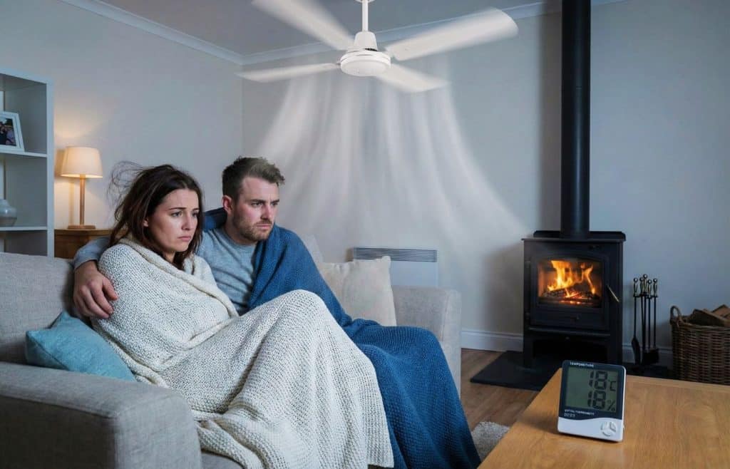 Couple frileux sous des couvertures illustrant l'erreur d'utiliser un ventilateur de plafond classique en hiver, créant un courant d'air froid au lieu de déstratifier la chaleur du poêle.