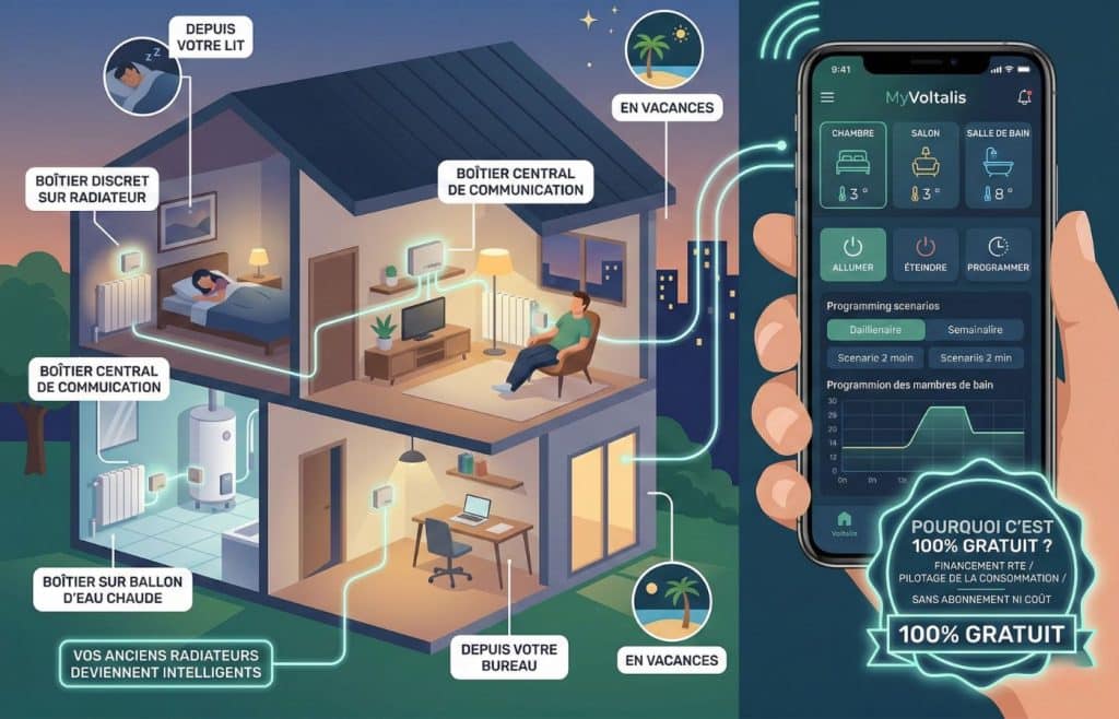 Infographie de l'écosystème MyVoltalis montrant des boîtiers connectés sur radiateurs et ballon d'eau chaude pilotés via une application mobile pour une commande à distance du chauffage par téléphone.