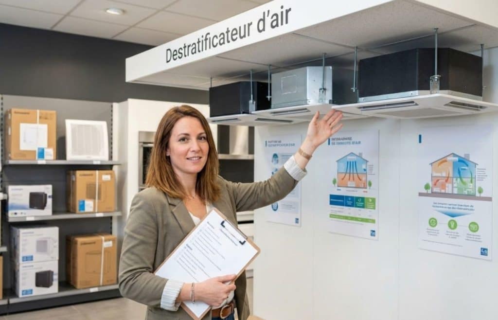 femme présente un guide d'achat pour bien choisir son destratificateur d'air en magasin afin d'optimiser le confort thermique.