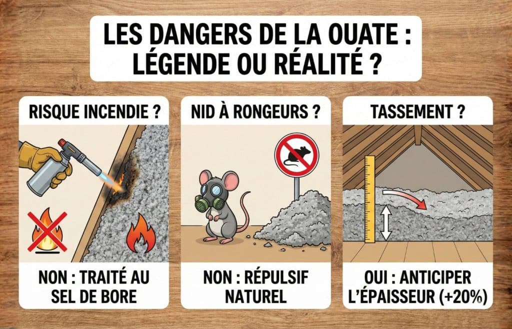 Infographie analysant les idées reçues sur la ouate de cellulose : démonstration de la résistance au feu (sel de bore), de l'effet répulsif sur les rongeurs et schéma explicatif de l'anticipation du tassement
