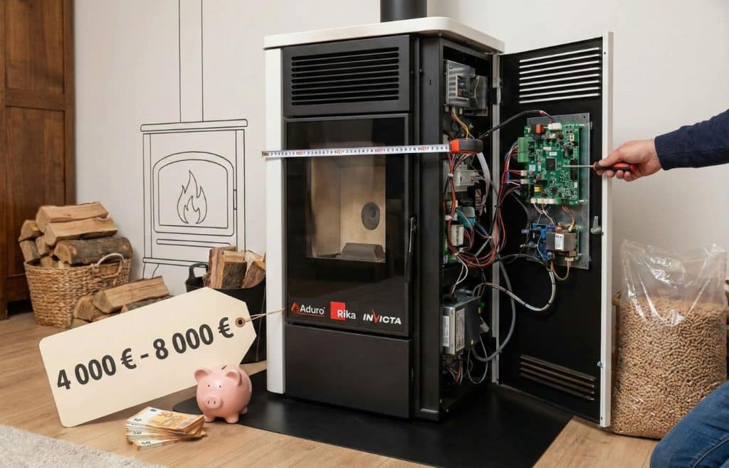 Illustration des inconvénients du poêle mixte (prix de 4 000€ à 8 000€, encombrement mesuré au mètre et électronique complexe) avec les logos des marques Aduro, Rika et Invicta.