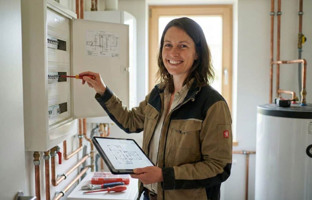 Elise Durant, experte Mon Habitat Durable, devant un tableau électrique ouvert et un chauffe-eau, consultant un schéma de branchement sur tablette pour l'installation d'un contacteur jour/nuit.