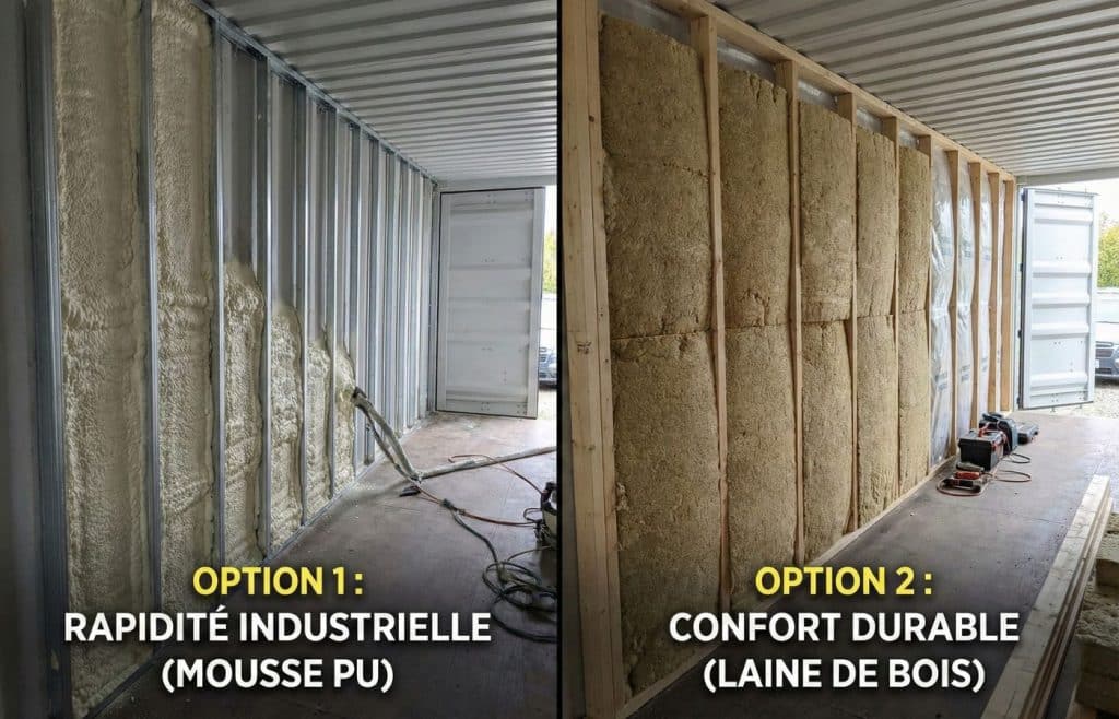 Chantier intérieur d'un container maritime montrant deux techniques d'isolation côte à côte : à gauche la projection de mousse polyuréthane jaune, à droite la pose de panneaux de laine de bois écologique entre des montants en bois.