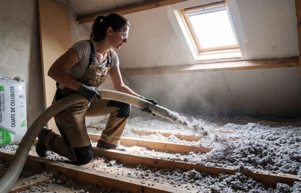 Chantier de rénovation énergétique : application de ouate de cellulose par soufflage machine dans des combles perdus. Une femme équipée de protections pose l'isolant en vrac sur le sol entre les solives sous une fenêtre de toit.