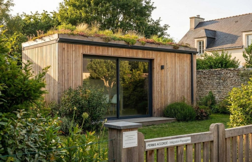 Maison container avec bardage bois et toiture végétalisée parfaitement intégrée dans un jardin traditionnel, illustrant une insertion paysagère validée par le PLU