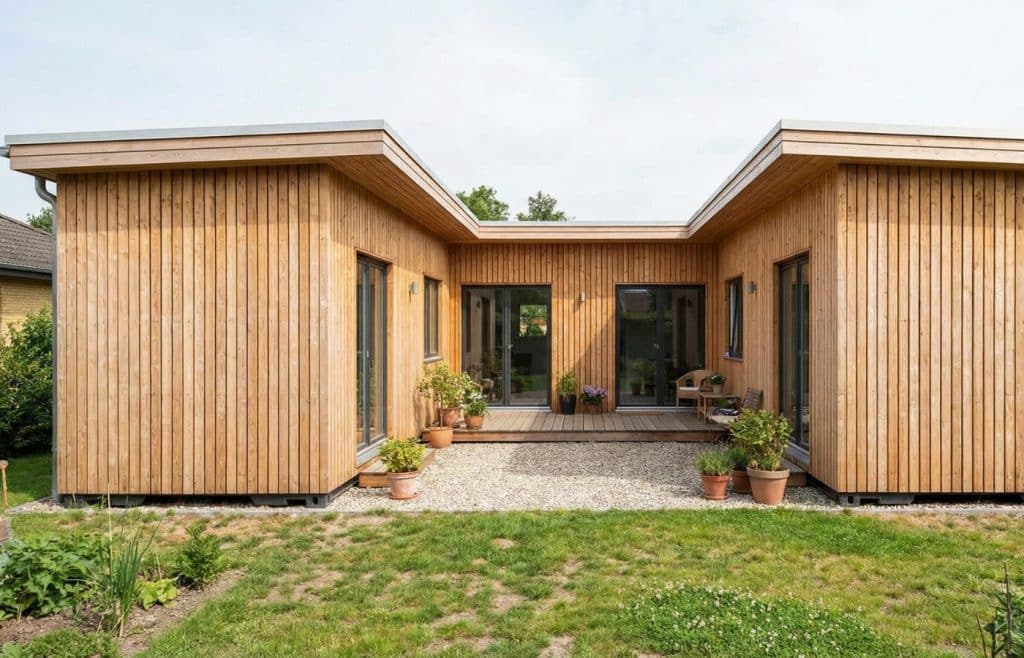 Maison container familiale de plain-pied agencée en forme de U, avec bardage bois et grande terrasse centrale, illustrant un design moderne et chaleureux.