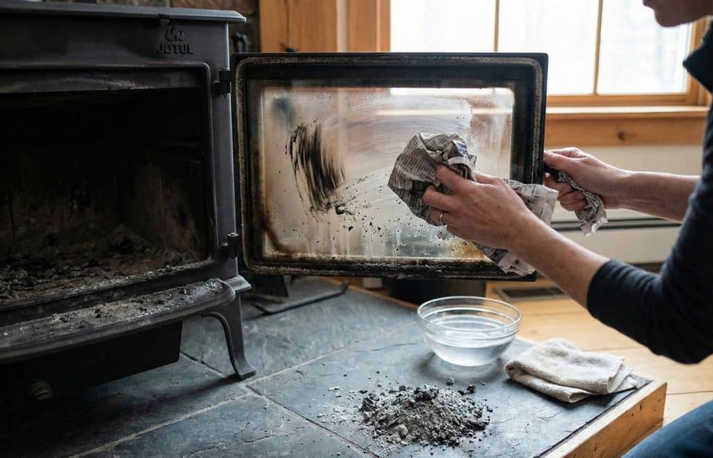 Gros plan sur le nettoyage d'une vitre de poêle à bois Jøtul en utilisant la technique naturelle du papier journal humide trempé dans la cendre.