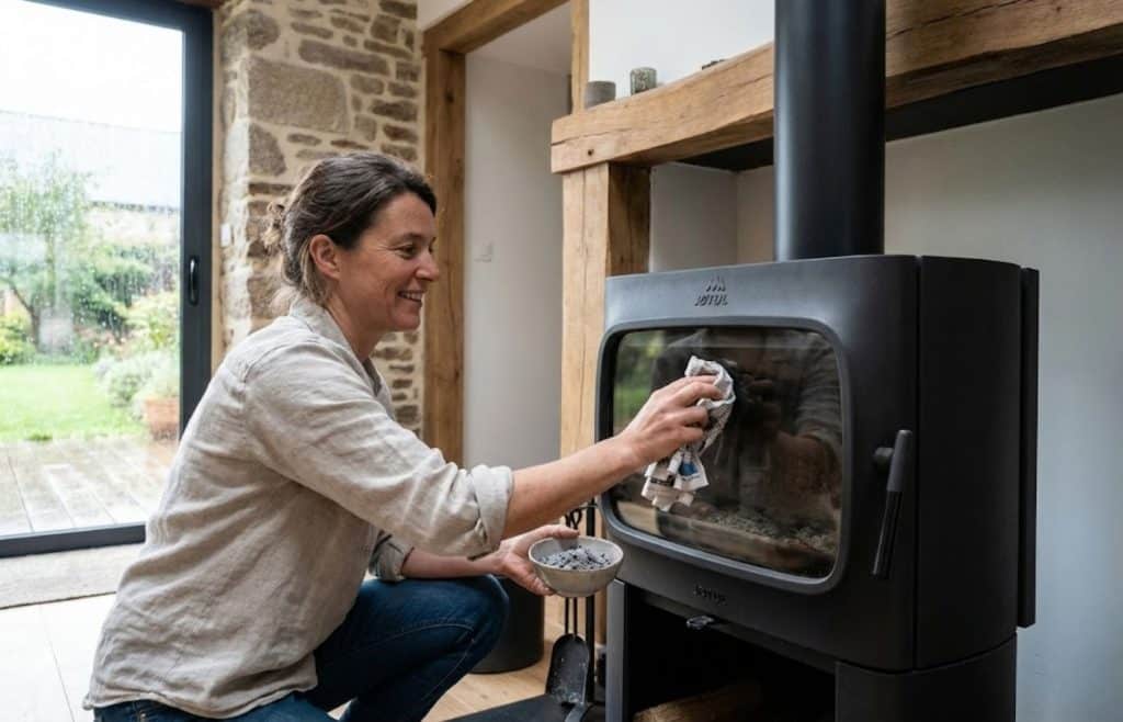 Elise Durant nettoie la vitre de son poêle à bois Jøtul avec de la cendre dans sa maison rénovée à Lorient, Bretagne.