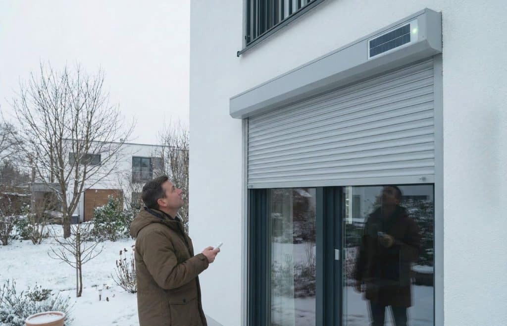 Homme vérifiant le fonctionnement d'un volet roulant solaire par temps de neige en hiver, illustrant la recharge du panneau photovoltaïque par faible luminosité