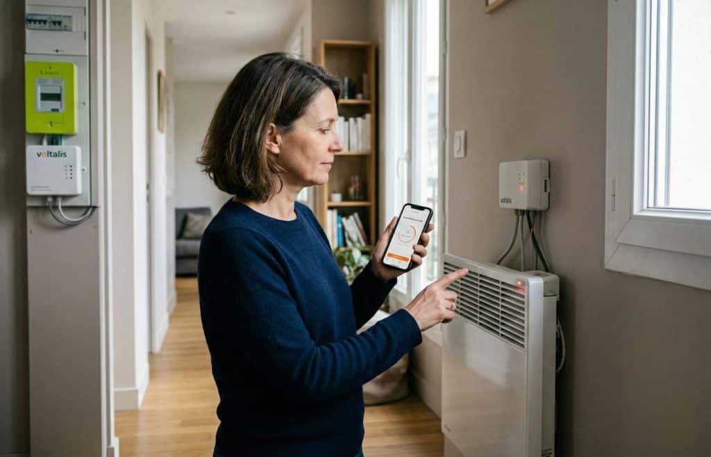 installation d'un boîtier Voltalis sur un radiateur électrique pour analyser les inconvénients esthétiques et techniques du système.