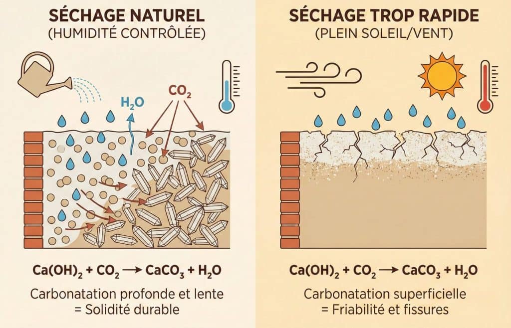 Schéma expliquant la chimie de la carbonatation de la chaux : comparaison entre un séchage lent avec humidité contrôlée (solidité) et un séchage trop rapide au soleil (fissures et friabilité).