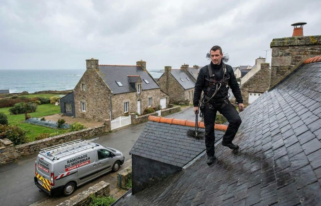 Un ramoneur professionnel équipé, sur le toit en ardoise d'une maison bretonne dans le Morbihan, avec son véhicule d'intervention en arrière-plan, illustrant l'importance du ramonage obligatoire pour la sécurité et l'assurance.