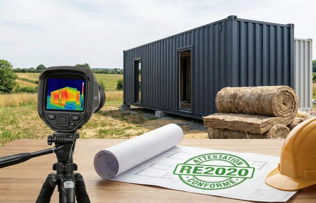Caméra thermique analysant l'isolation d'un container maritime avec un dossier de plans tamponné RE2020 Conforme au premier plan, illustrant l'obligation d'une étude thermique pour le permis de construire
