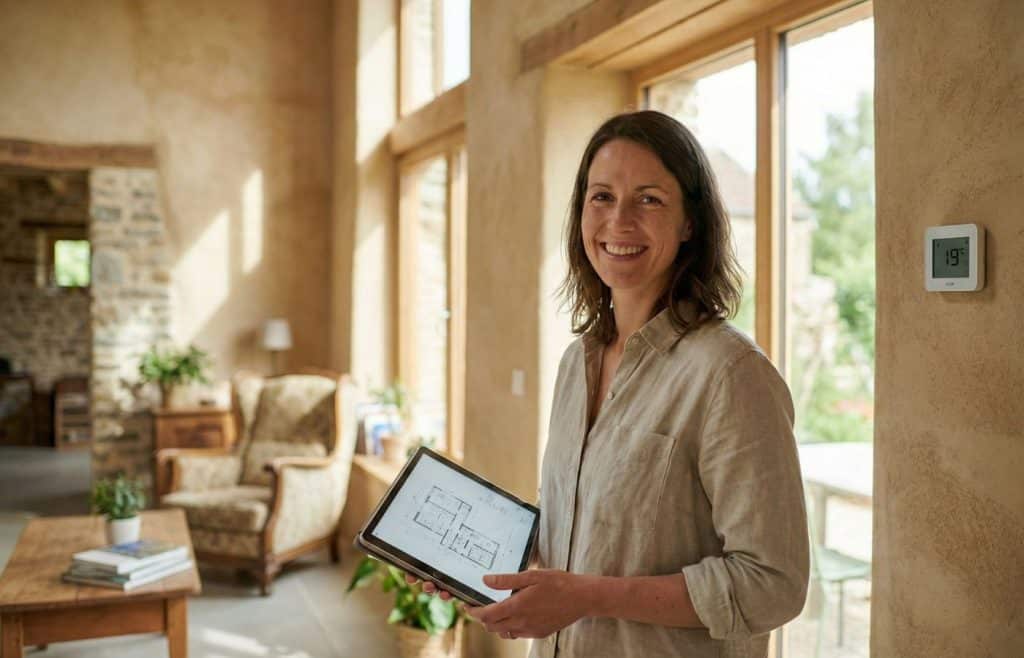 Photographie d'Elise Durant souriante dans sa longère rénovée, illustrant son bilan positif après 5 ans. En arrière-plan, les murs en enduit chaux naturel et un thermostat affichant 19°C témoignent du confort thermique et de l'esthétique durable obtenus.