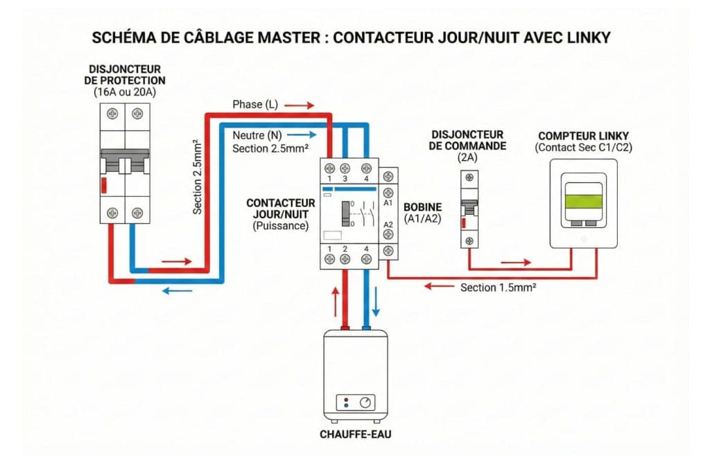Schéma technique de câblage d'un contacteur jour/nuit montrant le raccordement entre le disjoncteur 20A, la protection 2A et les bornes C1/C2 du compteur Linky pour un chauffe-eau