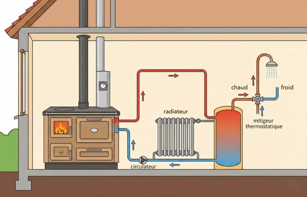 Schéma explicatif du circuit hydraulique d'une cuisinière à bois bouilleur : raccordement au chauffage central (radiateurs à eau) et production d'eau chaude sanitaire via un ballon et un mitigeur.