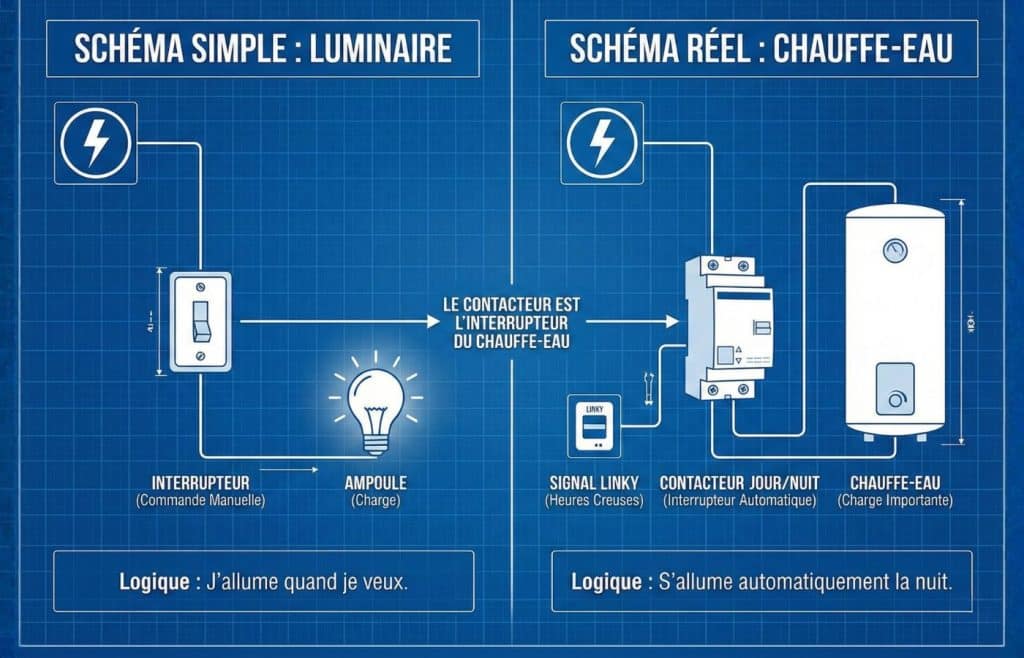 Infographie comparative technique sur fond bleu millimétré. Le panneau de gauche illustre un circuit manuel interrupteur et ampoule avec la logique J'allume quand je veux. Le panneau de droite illustre un circuit automatique contacteur jour/nuit, chauffe-eau et signal Linky avec la logique S'allume automatiquement la nuit (heures creuses)'. Un texte central explique l'analogie : Le contacteur est l'interrupteur du chauffe-eau