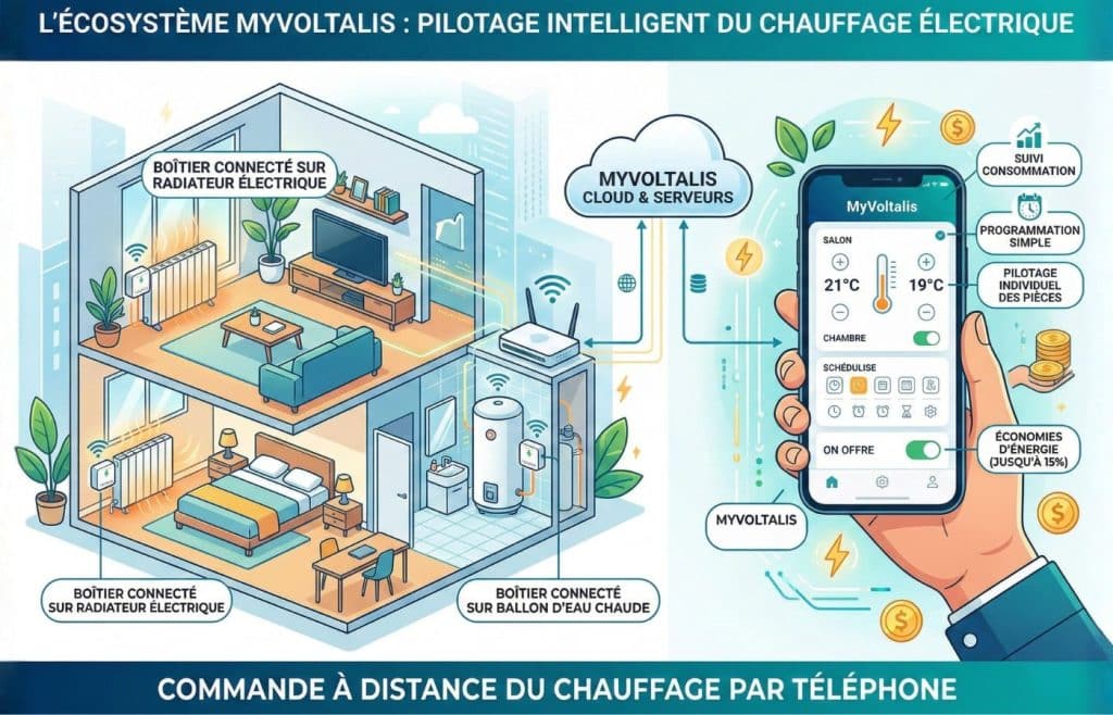 Schéma explicatif du pilotage intelligent MyVoltalis montrant un foyer avec radiateurs connectés et une interface d'application mobile pour le suivi de consommation et la commande à distance du chauffage par téléphone.