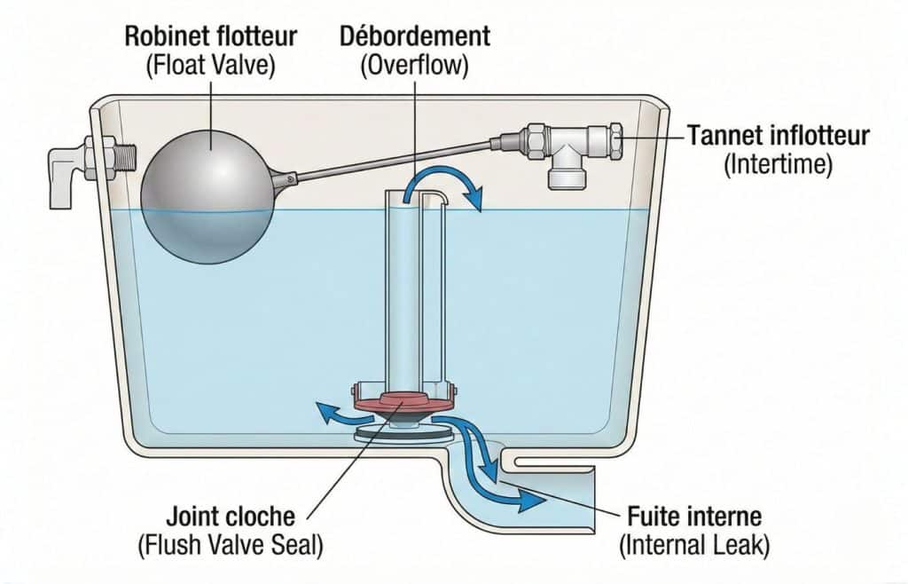 Schéma explicatif d'un réservoir de WC montrant le robinet flotteur (débordement) et le joint cloche (fuite interne).