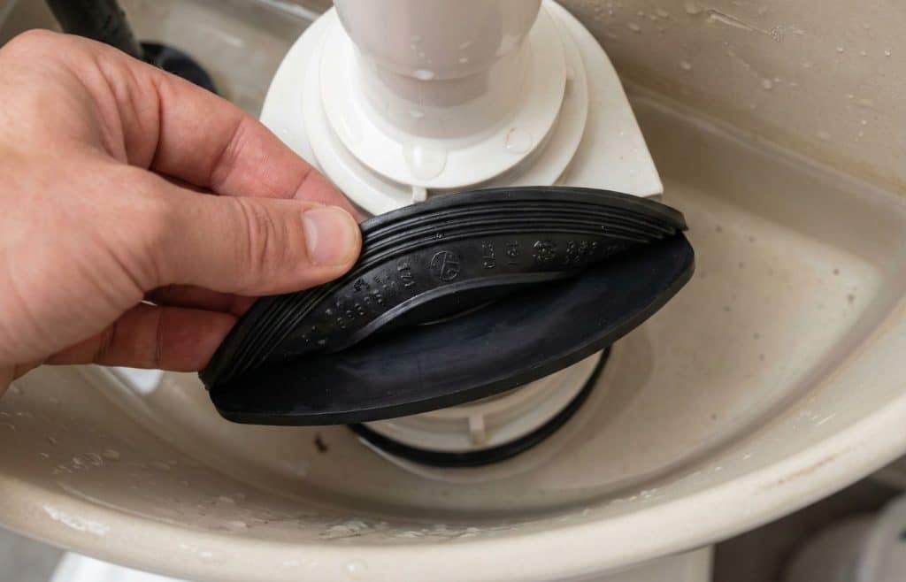 Comparaison du bon sens de montage d'un joint de chasse d'eau : face avec inscriptions vers le haut, face lisse vers le bas.