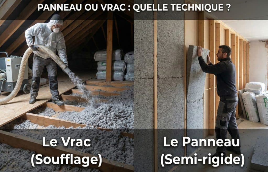 Comparatif des techniques de pose : à gauche, soufflage de ouate de cellulose en vrac dans des combles perdus ; à droite, installation manuelle de panneaux semi-rigides dans une ossature murale.
