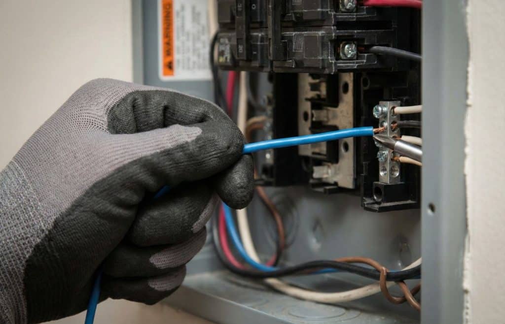 Gros plan sur une main gantée effectuant un test de traction manuel sur un fil électrique connecté à un bornier dans un tableau, un geste professionnel indispensable pour vérifier le serrage et prévenir les risques d'incendie