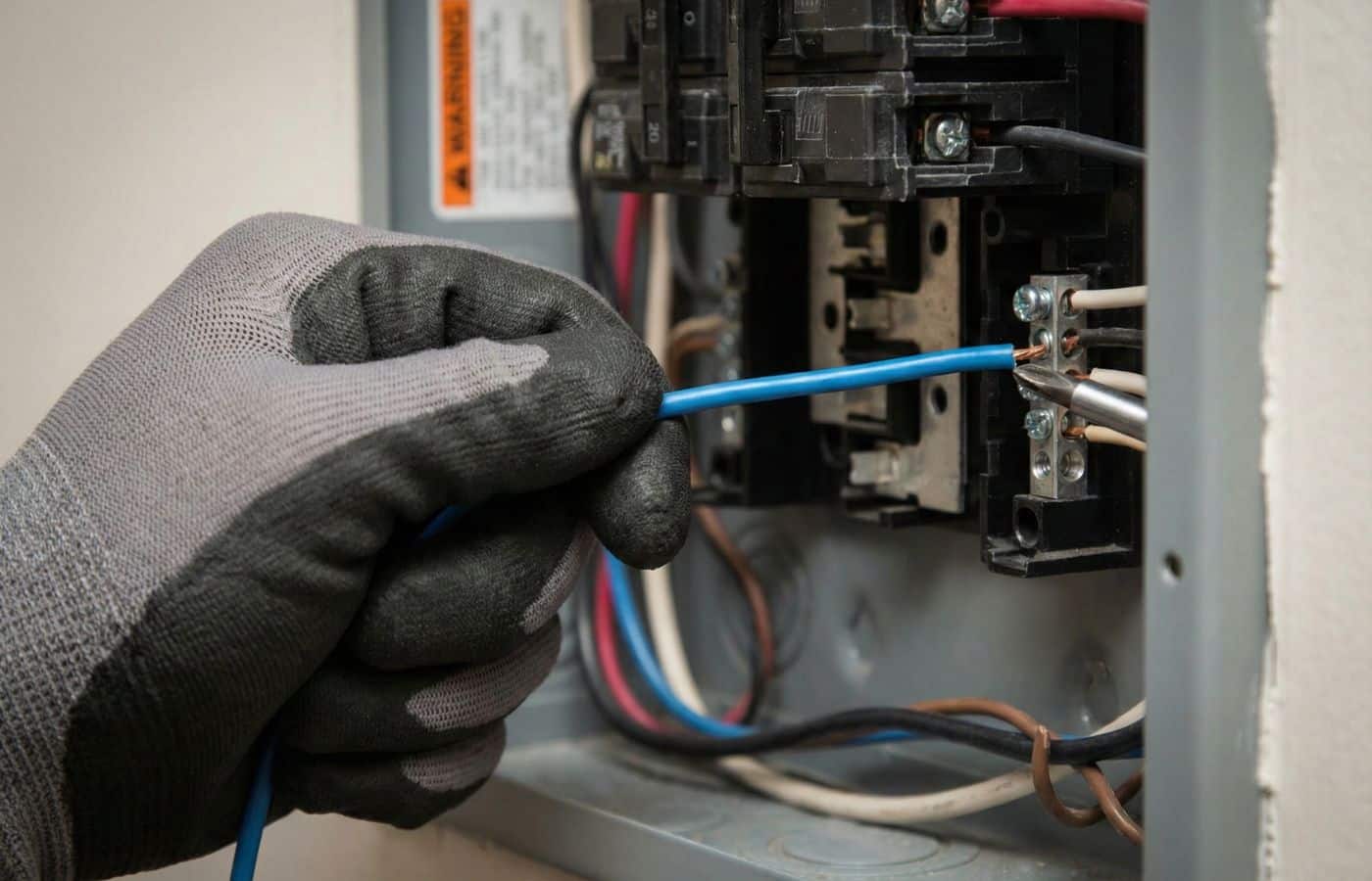 Main gantée qui tire sur un fil électrique serré dans un bornier de tableau pour vérifier la connexion