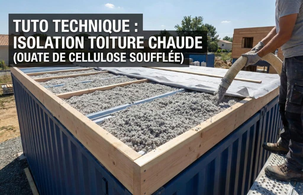 Tuto technique : Isolation en toiture chaude d'un container maritime par insufflation de ouate de cellulose dans un coffrage bois pour éviter la surchauffe et les ponts thermiques