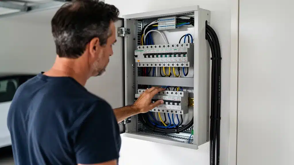 Photo representant quelle puissance électrique pour charger sa tesla tableau électrique ouvert