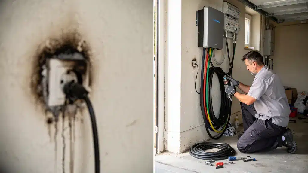 Illustration : sécurité : peut-on installer sa borne de recharge soi-même prise secteur brulée danger