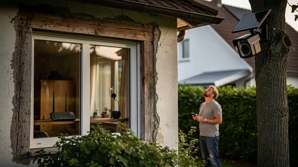 comment étendre la portée wifi de votre caméra solaire homme piloatant caméra depuis son jardin caméra avec panneau solaire accroché sur un arbre