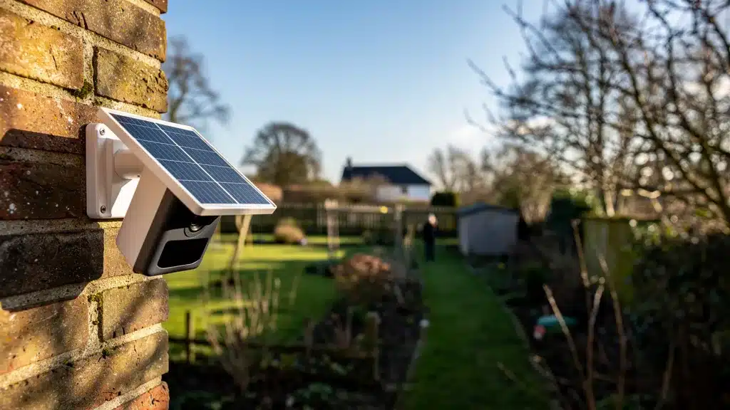 caméras solaires WiFi longue portée mur en brique filme coté jardin