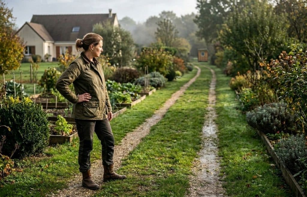 chemin menant à la cabane en bois au fond du jardin, pour illustrer l'importance de bien choisir l'emplacement de ses toilettes sèches en extérieur.