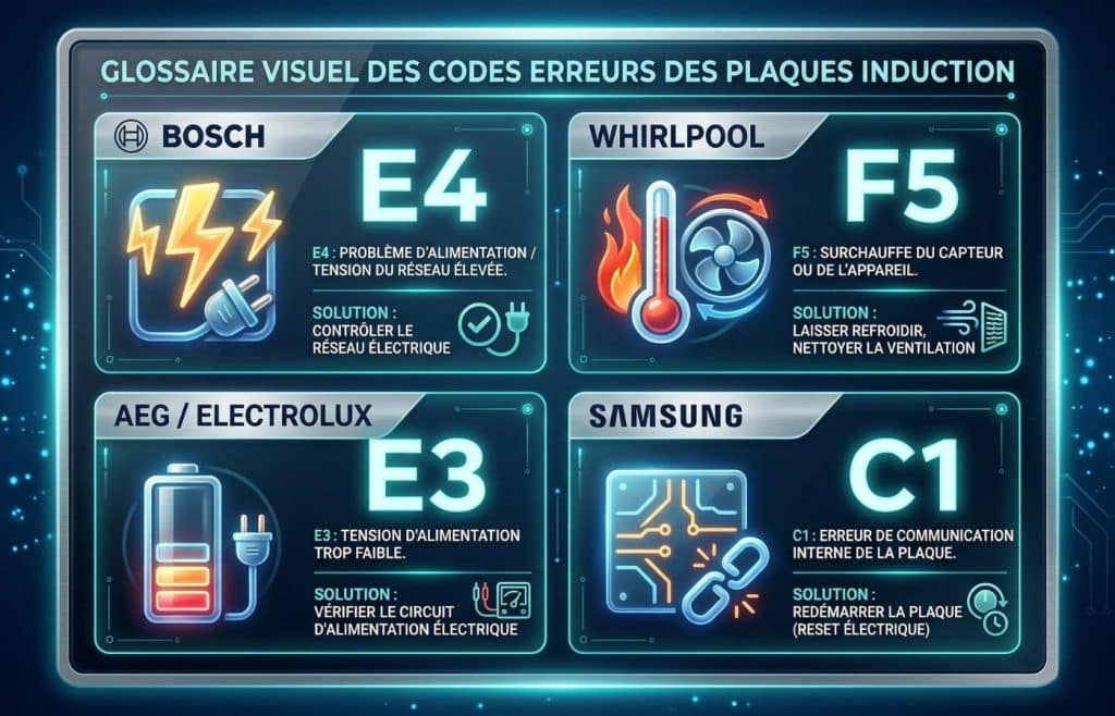 Infographie du glossaire visuel des codes erreurs pour plaques à induction : Bosch E4 (alimentation), Whirlpool F5 (surchauffe), AEG E3 (tension faible) et Samsung C1 (communication), avec leurs solutions de dépannage respectives.