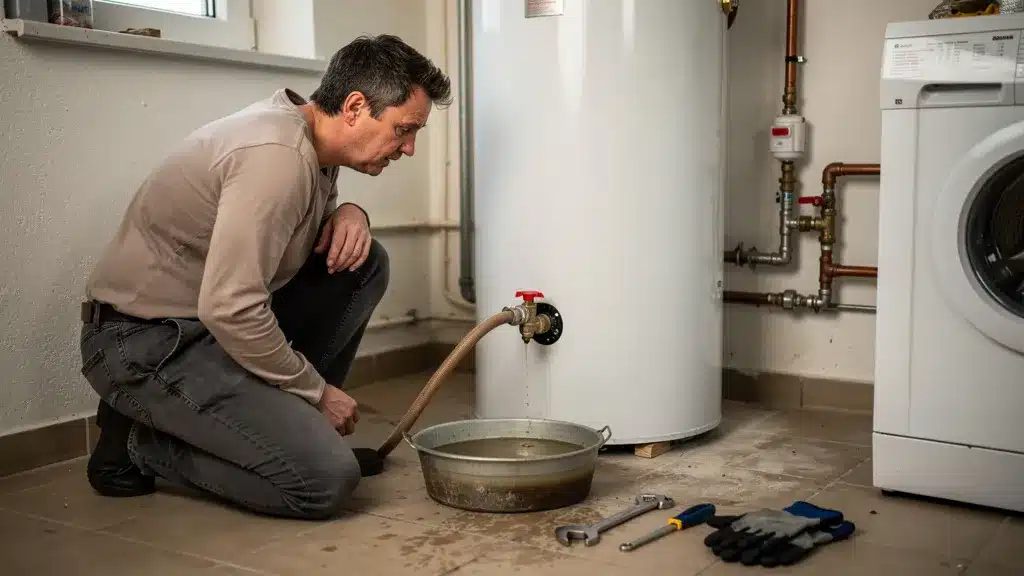 An editorial photo depicting a common problem during water heater draining: a person looking perplexed at a slow-draining