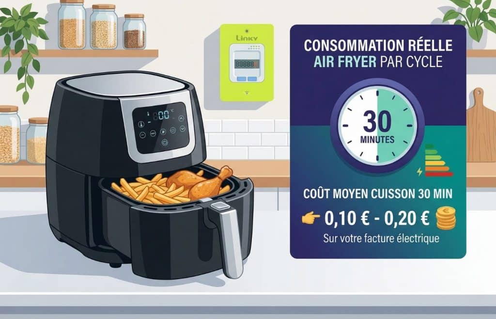 Infographie montrant la consommation réelle d'un Air Fryer pour un cycle de cuisson de 30 minutes, avec un coût estimé entre 0,10 € et 0,20 € sur la facture d'électricité