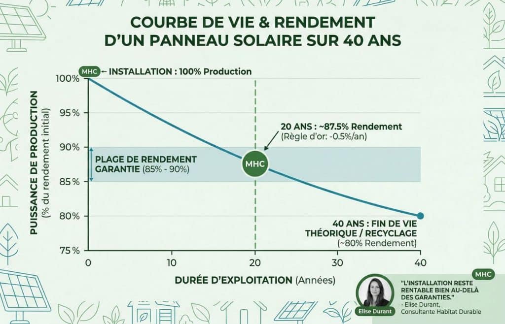 Graphique de la durée de vie d'un panneau solaire sur 40 ans montrant une dégradation de rendement de 0,5% par an — Expertise Elise Durant de Mon Habitat Durable.