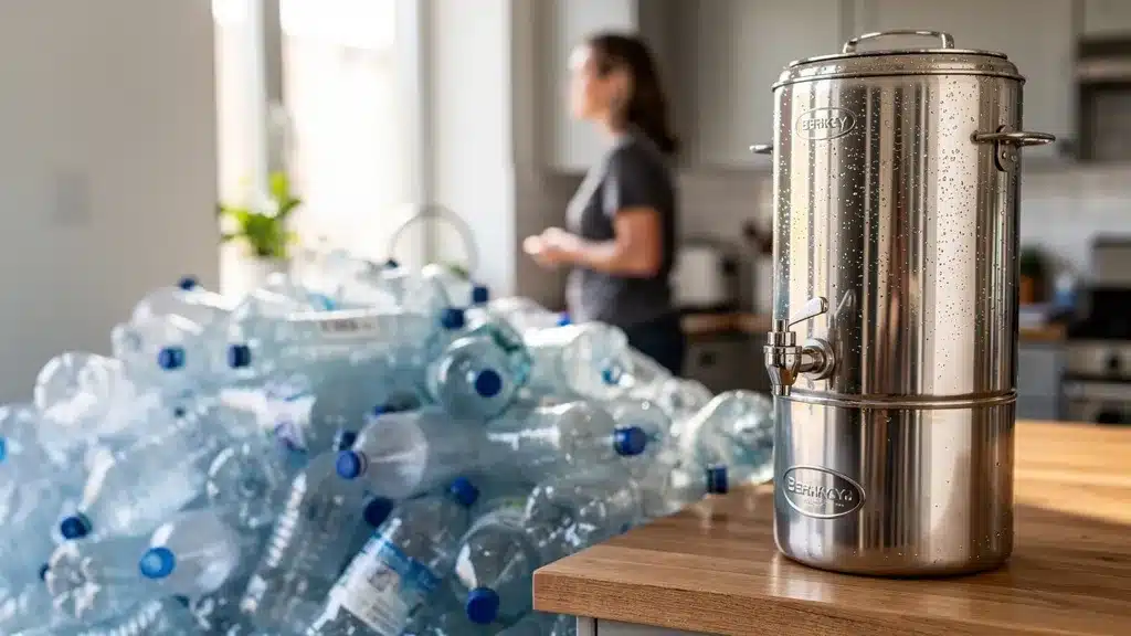 Rentabilité du purificateur Berkey face à l'eau en bouteille - Filtre berkey avis Illustration : rentabilité du purificateur berkey face à l'eau en bouteille entassée consommation de plastique