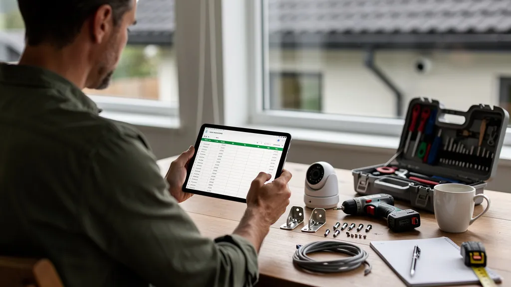 Quel budget prévoir pour l'installation d'une caméra sous votre avant-toit en 2026 ? - Installer caméra surveillance sous débord de toiture An editorial photo showing a person looking at a tablet with a budget calculation spreadsheet for home security