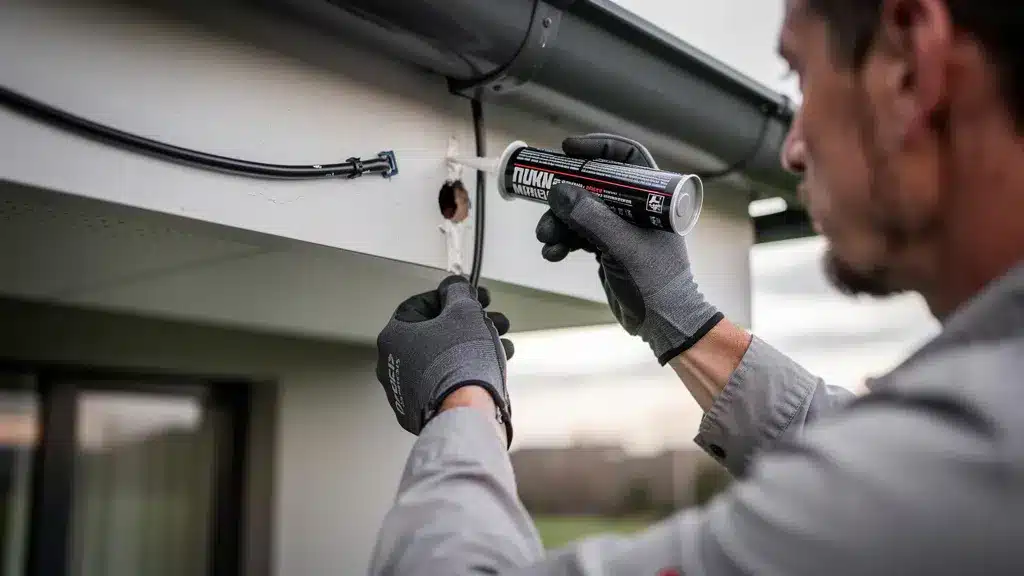 Comment gérer le câblage et l'étanchéité pour une installation propre et durable ? - Installer caméra surveillance sous débord de toiture An editorial photo showing a person carefully sealing a cable entry point under a roof soffit with weather-resistant