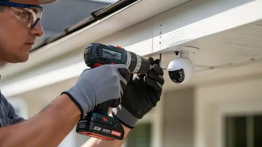 Comment installer une caméra de surveillance sous un débord de toiture en 2026 ? - Installer caméra surveillance sous débord de toiture A close-up editorial photo of a person carefully drilling into a roof soffit to install a security camera, with safety