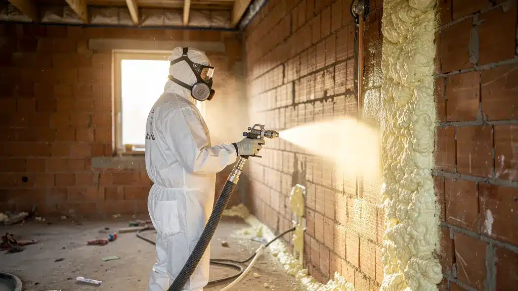 artisan en combinaison blanche de travail projette mousse polyuréthane projetée pour sceller les ponts thermiques mur en brique réfractaire